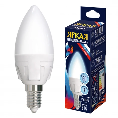 Лампа светодиодная, матовая, дневной белый свет 6500K) Uniel Яркая LED-C37 7W/6500K/E14/FR PLP01WH