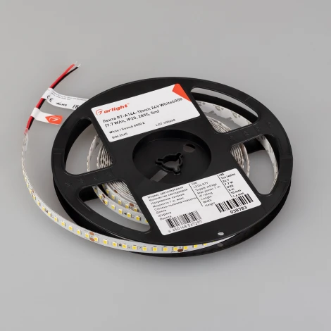 Светодиодная лента RT-A144-10mm 24V White6000 (7.7 W/m, IP20, 2835, 5m) (Arlight, высок.эфф.200 лм/Вт) 038783