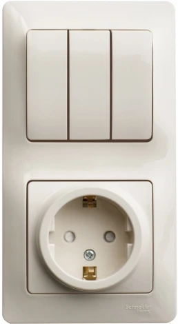 Розетка встраиваемая с заземлением с трехклавишным выключателем с подсветкой (Бежевый) Systeme Electric Glossa GSL000278