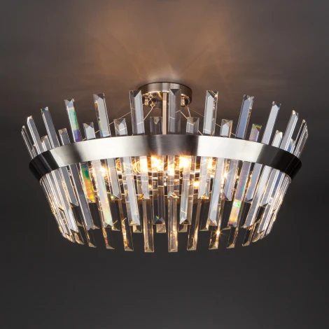 Потолочная люстра Wi-Fi на штанге Eurosvet Steccato 10111/8 сатин-никель / прозрачный хрусталь Strotskis (220V, управление смартфоном, голосовое управление, умный дом - Minimir Home, Алиса, Маруся, Салют, круглые)