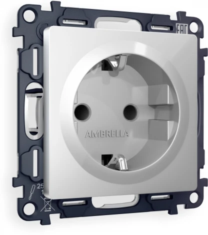 Комплект механизма Ambrella Volt электрической розетки ALFA MA407010 Серебро с заземлением и шторками 2P+E 16A-250V QUANT