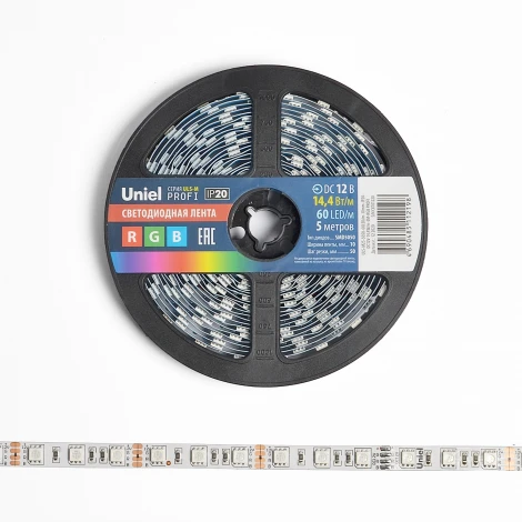 Светодиодная лента Uniel ULS-M25-5050-60LED/m-10mm-IP20-DC12V-14,4W/m-5M-RGB PROFI катушка в герметичной упаковке