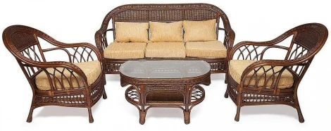 КОМПЛЕКТ для отдыха "MICHELLE" (стол со стеклом+ диван + 2 кресла подушки) Pecan Washed (античн. орех), Ткань рубчик, цвет кремовый Tetchair MICHELLE 9451