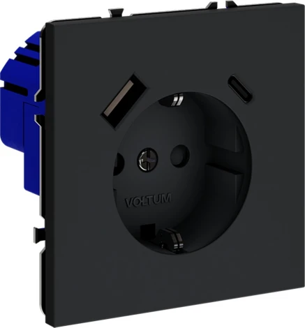 Розетка с заземлением, шторками и USB Type A+С (графит) Voltum S70 VLS040507