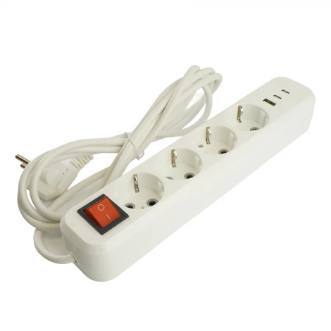 Удлинитель 4-х местный с заземлением USB Type-A + 2хUSB Type-С 3 метра (белый) Stekker Home 50140