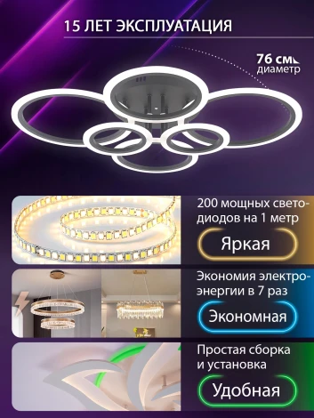 Потолочная люстра светодиодная с пультом ДУ 132W, черный, LED Natali Kovaltseva Home LED LAMPS 81440 (регулировка яркости, 220V, кольцо)