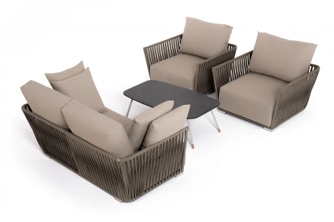 "Форли" лаунж-зона 4-местная плетеная из роупа (веревки), каркас алюминиевый светло-серый, роуп серо-коричневый 4SIS арт.УТ-00010272