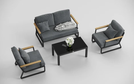 Комплект садовой мебели Gardenini Premium Voglie (Алюминий,Тик,Ткань,Закаленное стекло/Темно-серый,Черный) арт.LPVGL.010800.S2