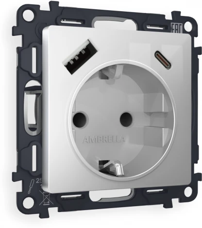 Комплект механизма Ambrella Volt электрической розетки ALFA MA410010 Серебро глянец 2USB A+C 20W быстрая зарядка с заземлением и шторками 2P+E 16A-250V QUANT
