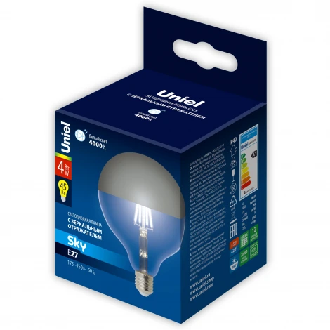 Лампа светодиодная, форма "шар", прозрачная колба с зеркальным отражателем, белый свет 4000K Uniel SKY LED-G125-4W/4000K/E27/CL MIRROR/CHROME PLS02WH