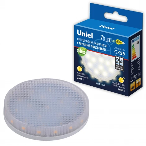 Лампочка светодиодная таблетка прозрачная GX53 7W 3000K Uniel LED-GX53-7W/3000K+3000K/GX53/PR PLB02WH