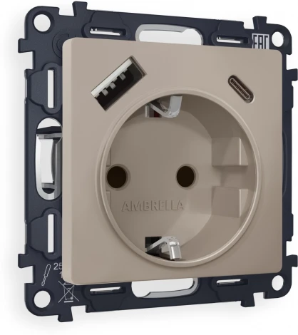Комплект механизма Ambrella Volt электрической розетки ALFA MA370010 Серо-бежевый матовый 2USB A+C 20W быстрая зарядка с заземлением со шторками 2P+E 16A-250V QUANT