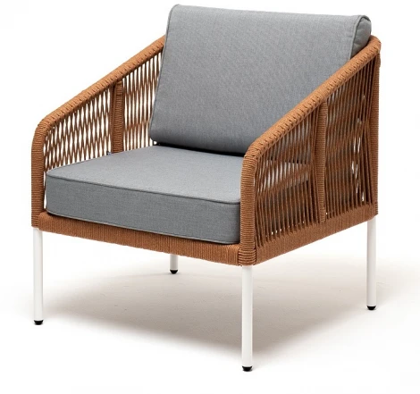 "Канны" кресло плетеное из роупа, каркас алюминий светло-серый (RAL7035) муар, роуп светло-серый круглый, ткань светло-серая 4SIS арт.УТ-00009478