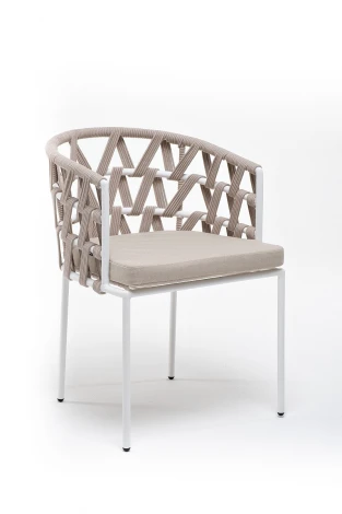 "Диего" стул плетеный из роупа, каркас из стали белый муар, роуп бежевый круглый, ткань бежевая 15052 4SIS арт.УТ-00010330