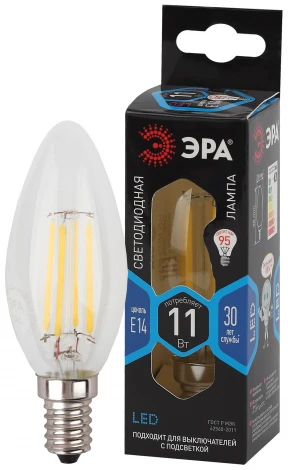 Лампочка светодиодная филаментная E14 11W ЭРА F-LED B35-11w-840-E14