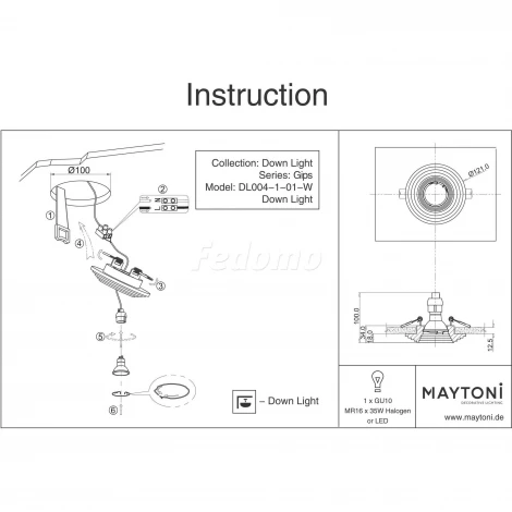 Встраиваемый светильник Gyps Modern GU10 1x35Вт Maytoni Technical DL004-1-01-W