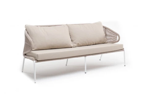 "Милан" диван 3-местный плетеный из роупа, каркас алюминий белый муар, роуп бежевый круглый, ткань бежевая 052 4SIS арт.УТ-00004929