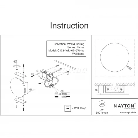 Настенный светильник (бра) Parma 3000К 6Вт IP 20 LED Maytoni Technical C123-WL-02-3W-W