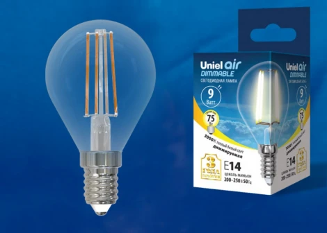 Лампочка светодиодная груша прозрачная E14 9W 3000K Uniel LED-G45-9W/3000K/E14/CL/DIM GLA01TR