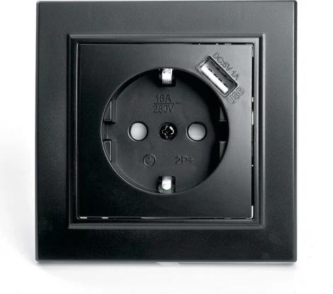 Розетка с заземлением, шторками и USB (черный) Stekker Эрна 39480