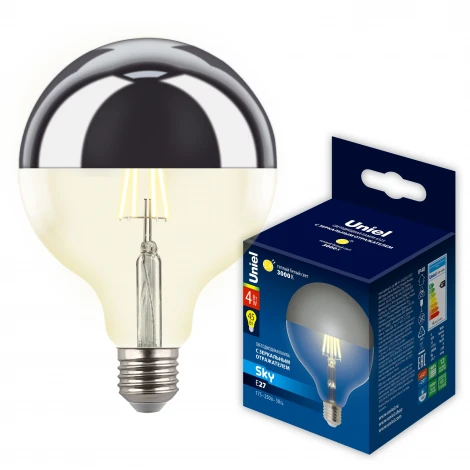Лампа светодиодная, форма "шар", прозрачная колба с зеркальным отражателем, теплый белый свет 3000K Uniel SKY LED-G125-4W/3000K/E27/CL MIRROR/CHROME PLS02WH