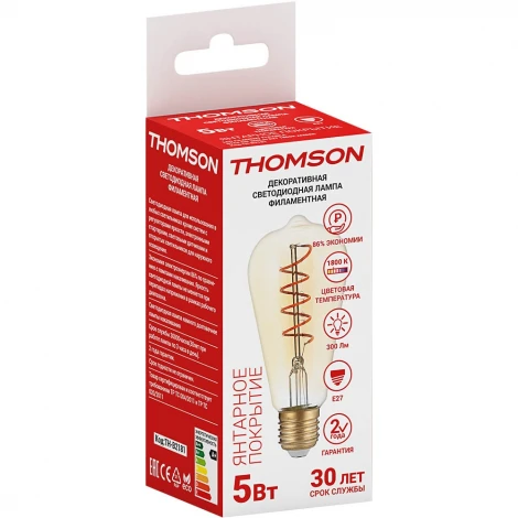 Лампочка светодиодная филаментная прозрачная груша E27 5W Thomson Flexible St64 TH-B2181