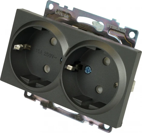 Розетка двойная с заземлением и шторками (графит) Stekker Катрин 49425