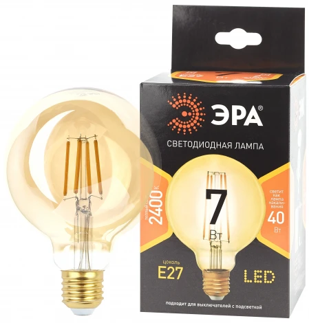 Лампочка светодиодная филаментная E27 7W ЭРА F-LED G95-7W-824-E27 gold