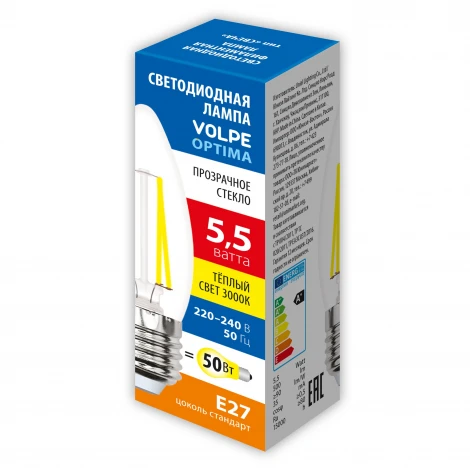 Лампа светодиодная, форма "свеча", прозрачная, теплый белый свет 3000K Volpe Optima Филамент LED-C35-5,5W/3000K/E27/CL/SLF
