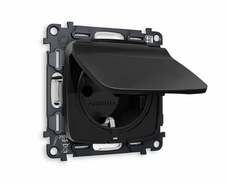 Комплект механизма Ambrella Volt электрической розетки OMEGA MO808010 Черный матовый с заземлением с шторками и защитной крышкой 2P+E 16A-250V IP44 QUANT