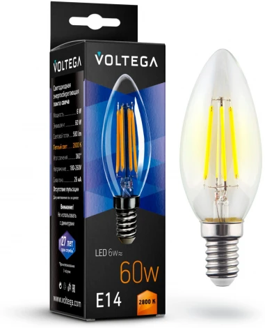 Лампочка светодиодная свеча прозрачная колба E14 6 Вт 580 lm 2800K теплое желтое свечение Voltega Crystal 7019