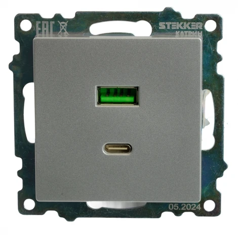 Розетка USB Type A+С (серебро) Stekker Катрин 50054
