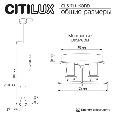 Подвесной светильник встраиваемый (+CLP10K) Citilux Skyport.10 CL51711_KORD DUZA Черный