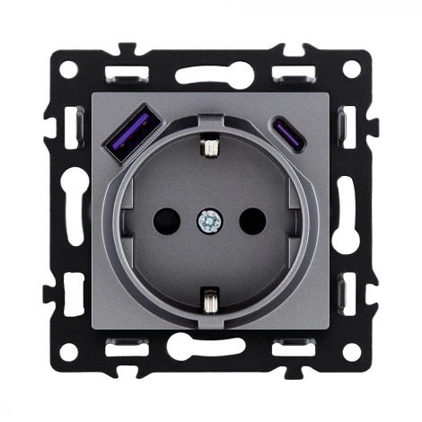 Розетка штепсельная SCHUKO 16A/250 В с USB A+C 20W, серый Kollinger Asthetik AS-016GY