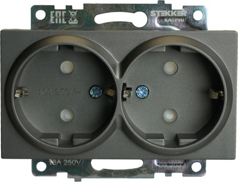 Розетка двойная с заземлением и шторками (графит) Stekker Катрин 49425