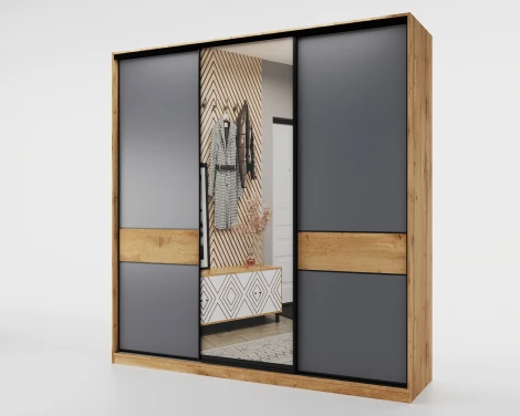 Шкаф-купе,184*60, Дуб вотан, Серый с зеркалом МАМА SLIM 102207