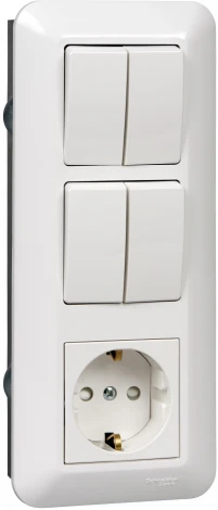 Розетка встраиваемая с заземлением с двумя двухклавишными выключателями (белый) Systeme Electric Prima BK2VR-008B-BI