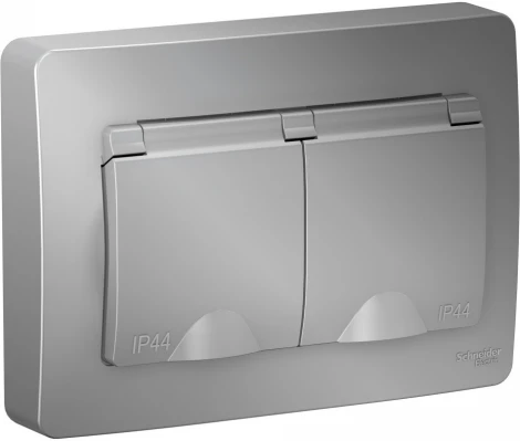 Розетка встраиваемая двойная с заземлением, шторками и крышкой (алюминий) IP44 Systeme Electric Blanca BLNRS441123