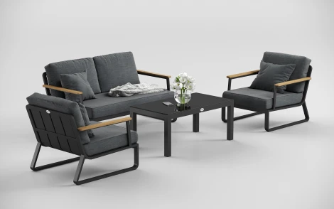 Комплект садовой мебели Gardenini Premium Voglie (Алюминий,Тик,Ткань,Закаленное стекло/Темно-серый,Черный) арт.LPVGL.010800.S2