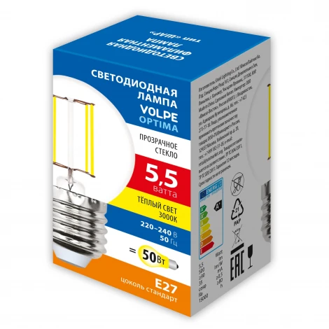 Лампа светодиодная, форма "шар", прозрачная, теплый белый свет 3000K Volpe Optima Филамент LED-G45-5,5W/3000K/E27/CL/SLF