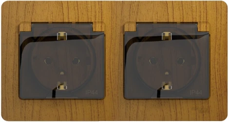 Розетка встраиваемая двойная с заземлением, шторками и крышкой (дуб) IP44 Systeme Electric Glossa GSL000547