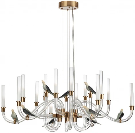 Подвесная люстра Odeon Light Lark 5431/37L золотой(под латунь)/белый градиент/беж./зеленый/ металл/стекло/керамика LED 37W 4000K (220V, на тросе, птички)