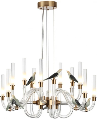 Подвесная люстра Odeon Light Lark 5431/30L золотой(под латунь)/белый градиент/беж./зеленый/ металл/стекло/керамика LED 30W 4000K (220V, на тросе, птички)