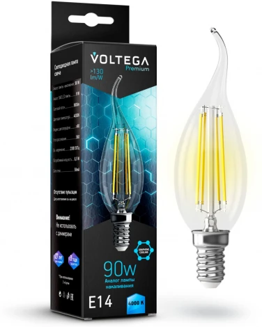 Лампочка светодиодная свеча на ветру прозрачная E14 6,5W 220V 860 lm 4000K Voltega Candle wind 9W Graphene 7133