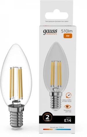 Лампочка светодиодная филаментная Gauss Filament Elementary 32118 Свеча 8W 510lm 2700К Е14 LED