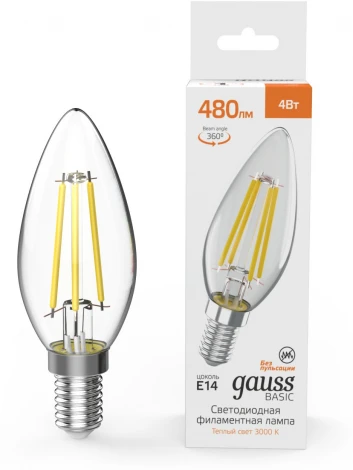 Лампочка светодиодная филаментная Gauss Filament 50312142 Свеча 4W 480lm 3000K E14 LED