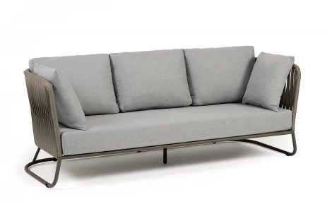 "Багамы" диван 3-местный плетеный из роупа, каркас алюминий бежево-серый (RAL7006) муар, роуп серо-коричневый 23мм, ткань светло-серая 4SIS арт.УТ-00009607