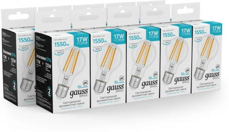 Лампочка светодиодная филаментная Gauss Filament 10212272 А60 17W 1550lm 4100К Е27 LED