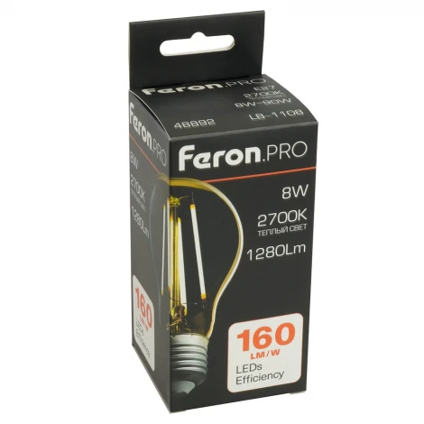Лампа светодиодная филамент A60 шар 8W 175-265V E27 2700К Feron LB-1108 48892