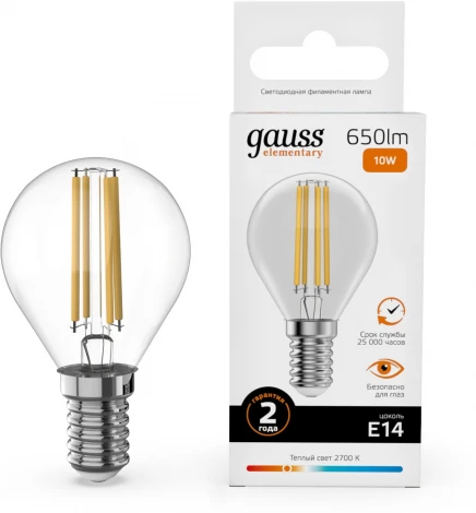 Лампочка светодиодная филаментная Gauss Filament Elementary 52110 Шар 10W 650lm 2700К Е14 LED